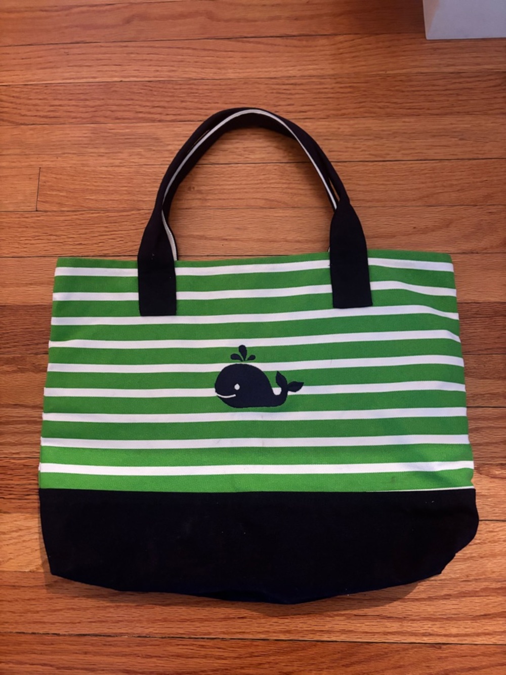 Preppy Summer Striped Green & White with Navy Cotton Tote Bag